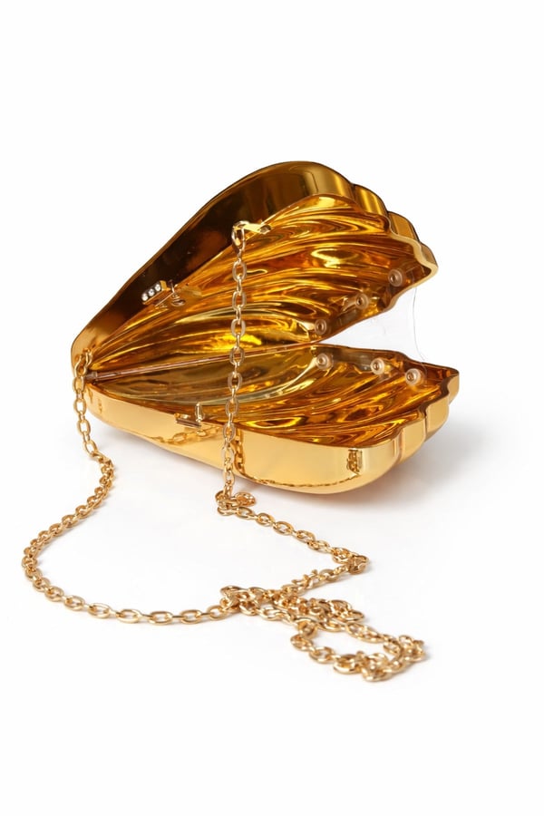 Metal İstiridye Formlu Gold El Çantası