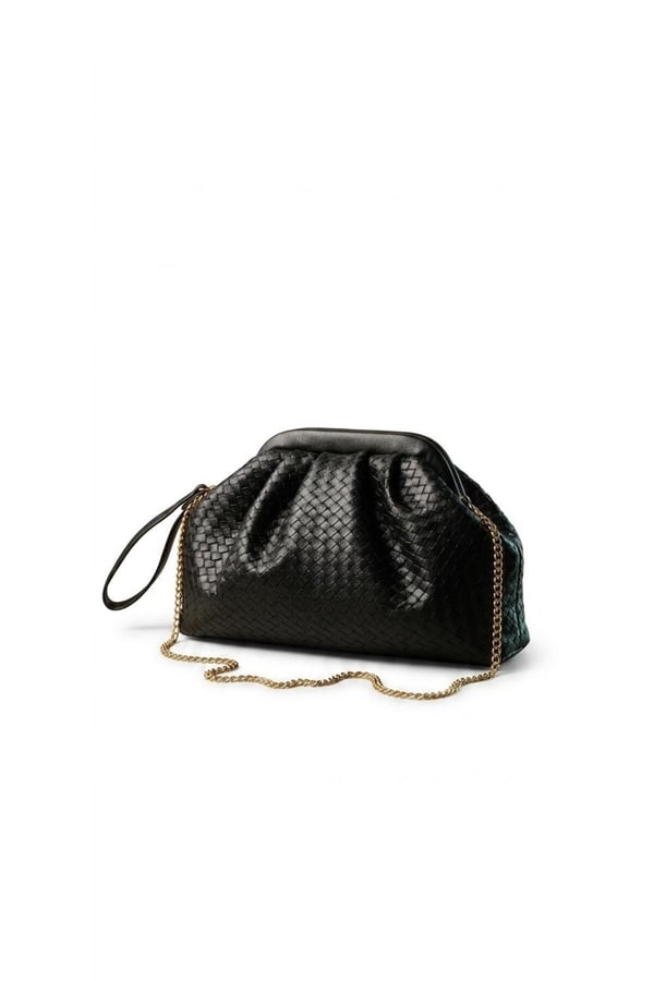 Siyah Deri Örgü Portföy Çanta - Gold Zincir Askılı ve Bilek Saplı Clutch Çanta