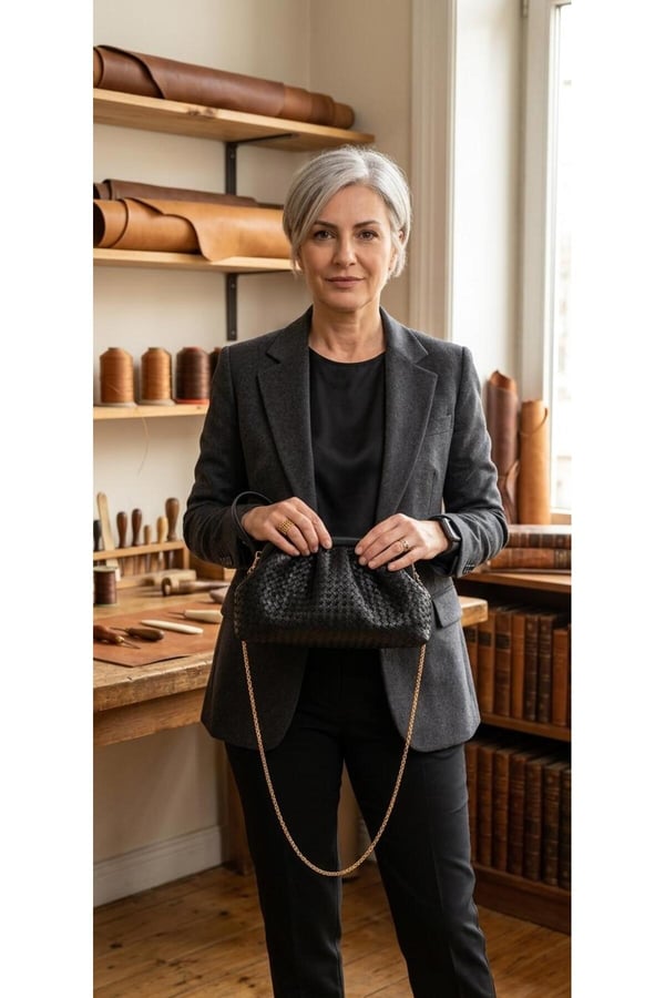 Siyah Deri Örgü Portföy Çanta - Gold Zincir Askılı ve Bilek Saplı Clutch Çanta