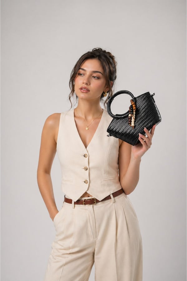 Siyah Hasır Dokulu Mini El Çantası Halka Sap Detaylı Şık Tasarım 21x12x10 cm
