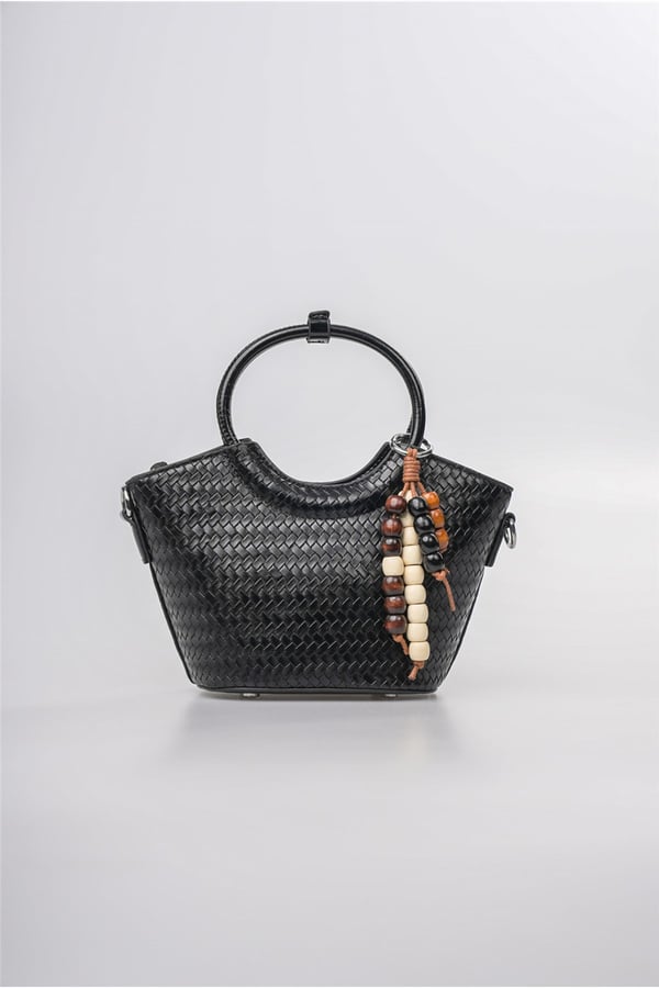 Siyah Hasır Dokulu Mini El Çantası Halka Sap Detaylı Şık Tasarım 21x12x10 cm