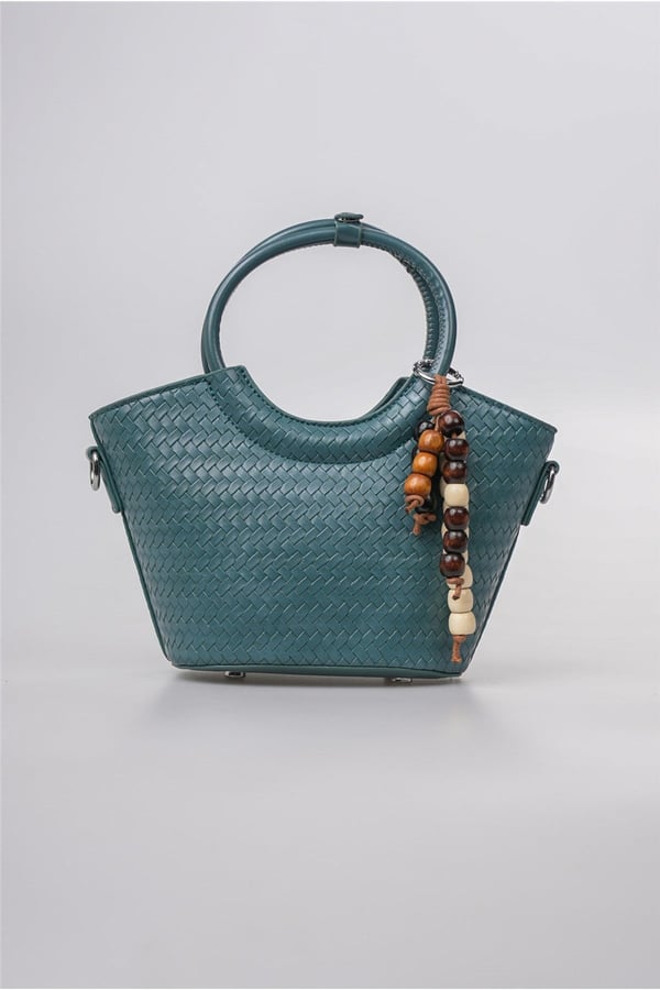 Siyah Hasır Dokulu Mini El Çantası Halka Sap Detaylı Şık Tasarım 21x12x10 cm