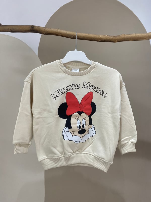 Minnie Mouse Baskılı Bej Sweatshirt – Kız Çocuk, 3 İplik Şardonsuz, %100 Pamuk, 2–7 Yaş