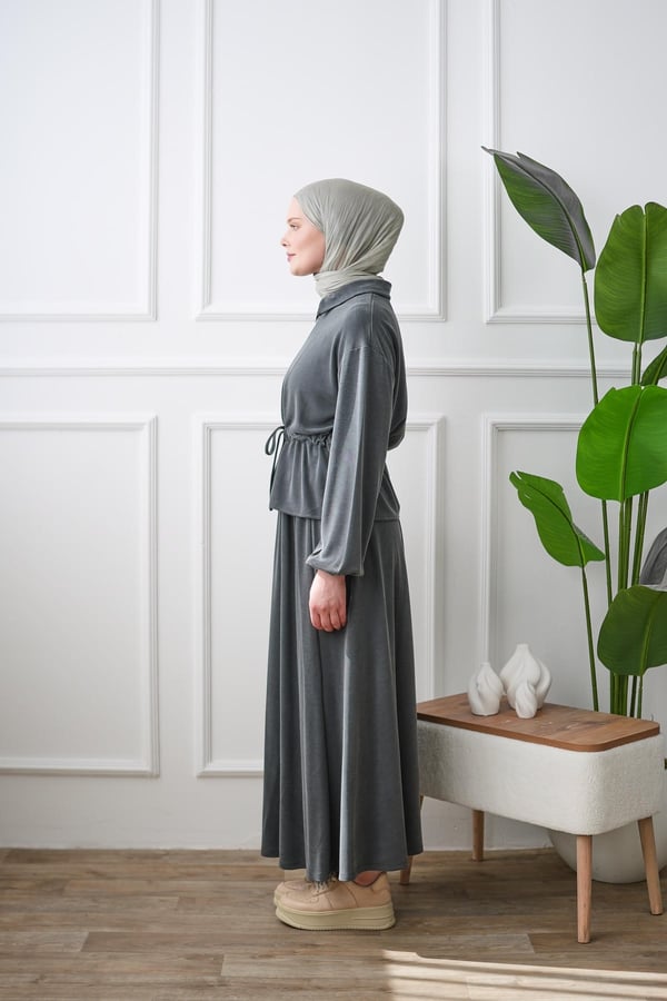 Beli Büzgülü Fermuarlı Etek Takım- Füme kadın giyim ürün görseli Arzestore