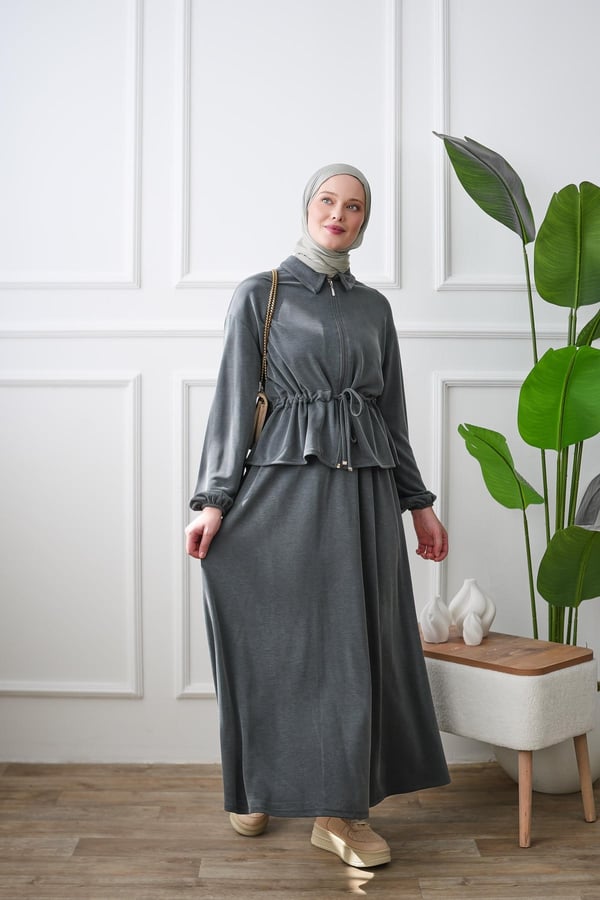 Beli Büzgülü Fermuarlı Etek Takım- Füme kadın giyim ürün görseli Arzestore