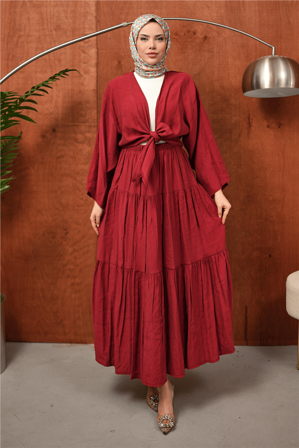 Bordo Bağlama Detaylı Katlı Tesettür Elbise kadın giyim ürün görseli Arzestore