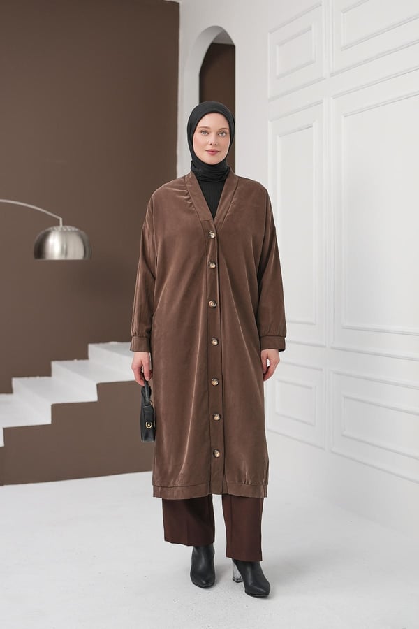 Boydan Düğmeli Tencel Kap - Kahverengi kadın giyim ürün görseli Arzestore