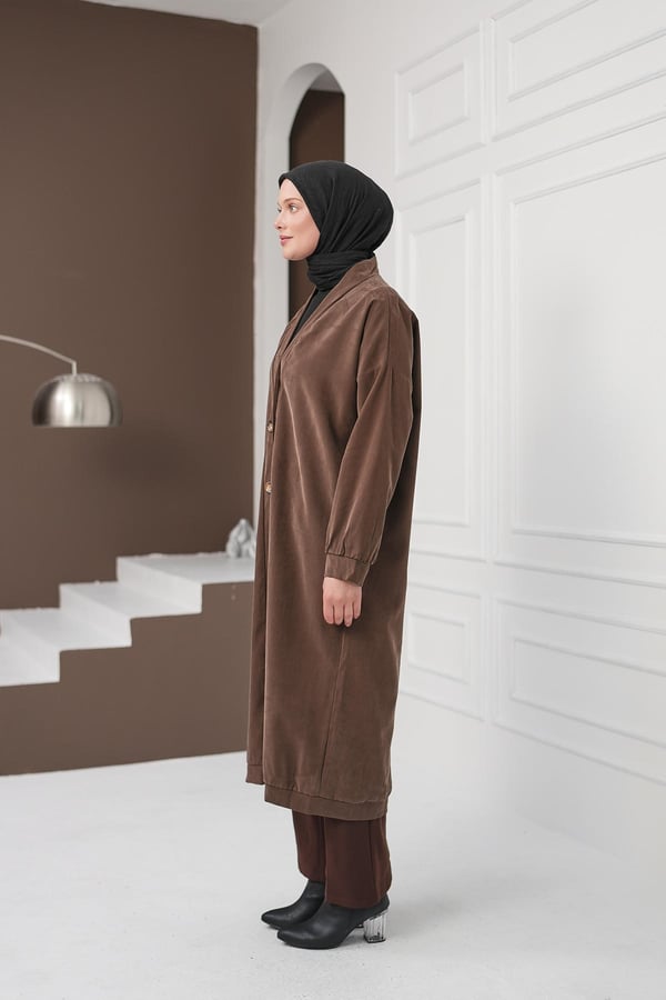 Boydan Düğmeli Tencel Kap - Kahverengi kadın giyim ürün görseli Arzestore