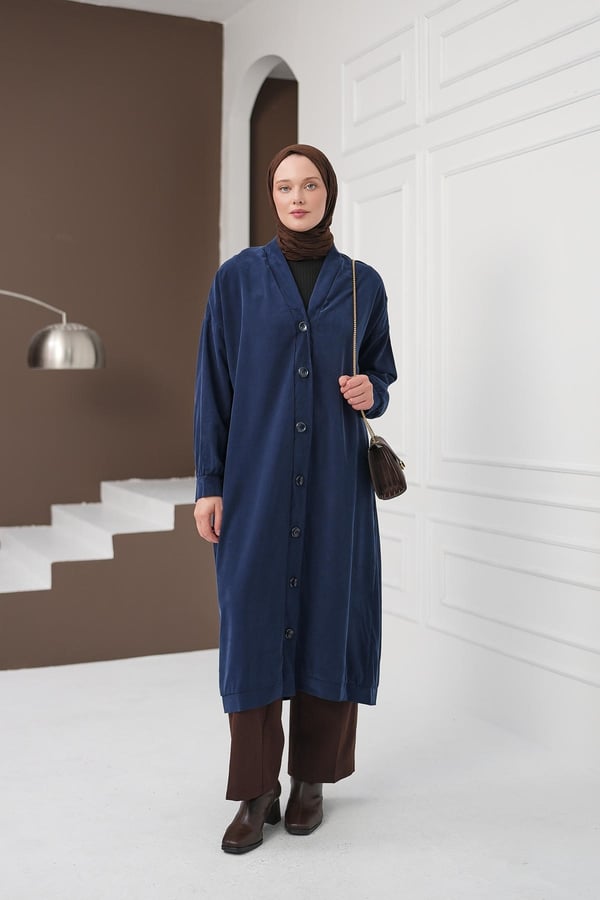 Boydan Düğmeli Tencel Kap - Lacivert kadın giyim ürün görseli Arzestore