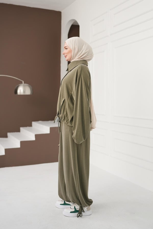 Büzgü Detaylı Pantolon Takım - Haki kadın giyim ürün görseli Arzestore