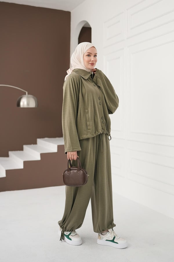 Büzgü Detaylı Pantolon Takım - Haki kadın giyim ürün görseli Arzestore