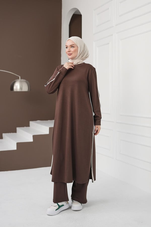 Çizgi Detaylı Uzun Pantolon Takım - Açık Kahve kadın giyim ürün görseli Arzestore