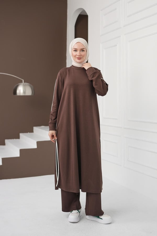 Çizgi Detaylı Uzun Pantolon Takım - Açık Kahve kadın giyim ürün görseli Arzestore