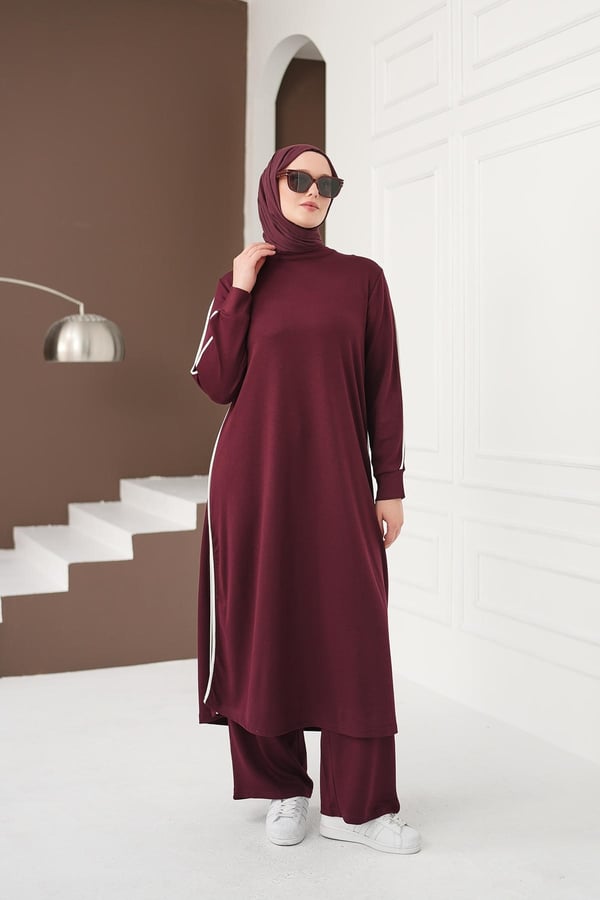 Çizgi Detaylı Uzun Pantolon Takım - Bordo kadın giyim ürün görseli Arzestore