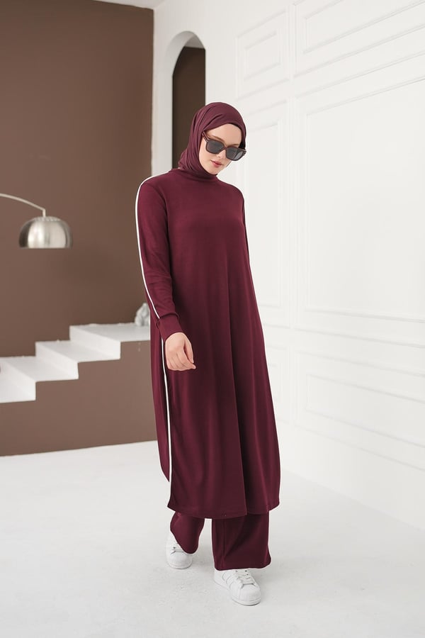 Çizgi Detaylı Uzun Pantolon Takım - Bordo kadın giyim ürün görseli Arzestore