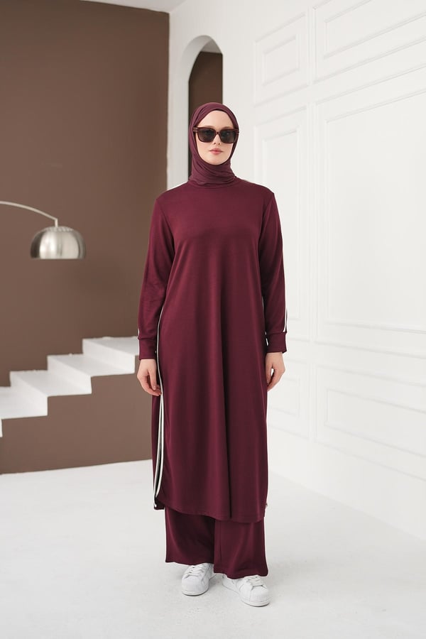 Çizgi Detaylı Uzun Pantolon Takım - Bordo kadın giyim ürün görseli Arzestore