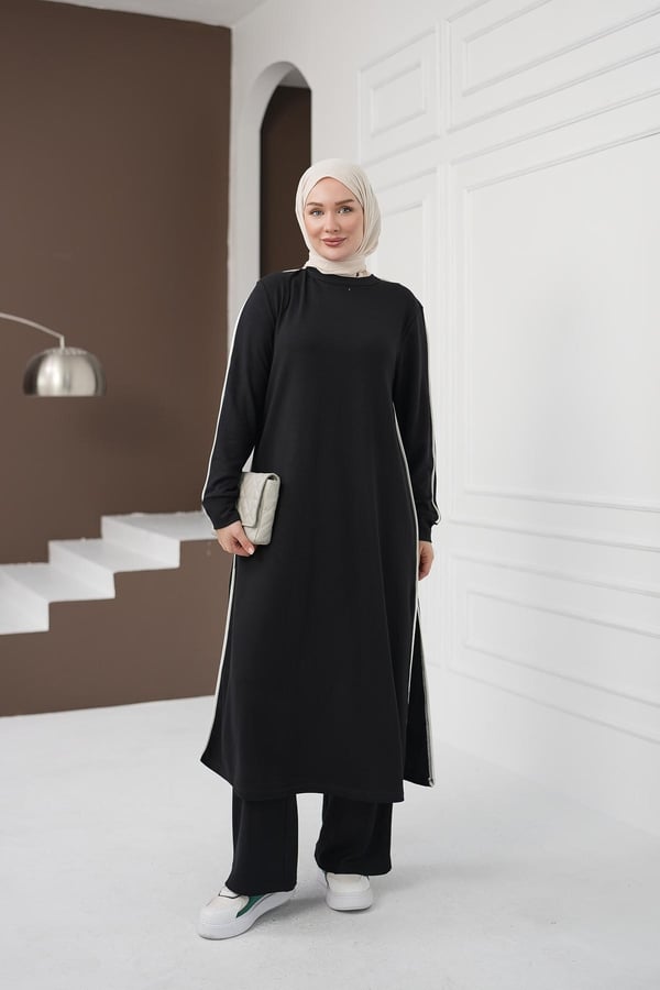 Çizgi Detaylı Uzun Pantolon Takım - Siyah kadın giyim ürün görseli Arzestore