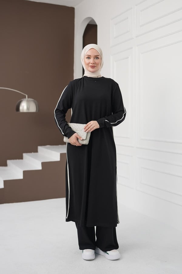 Çizgi Detaylı Uzun Pantolon Takım - Siyah kadın giyim ürün görseli Arzestore