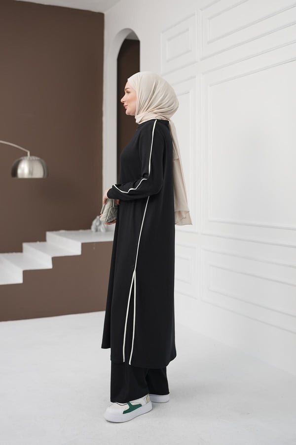 Çizgi Detaylı Uzun Pantolon Takım - Siyah kadın giyim ürün görseli Arzestore