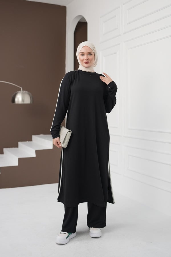 Çizgi Detaylı Uzun Pantolon Takım - Siyah kadın giyim ürün görseli Arzestore