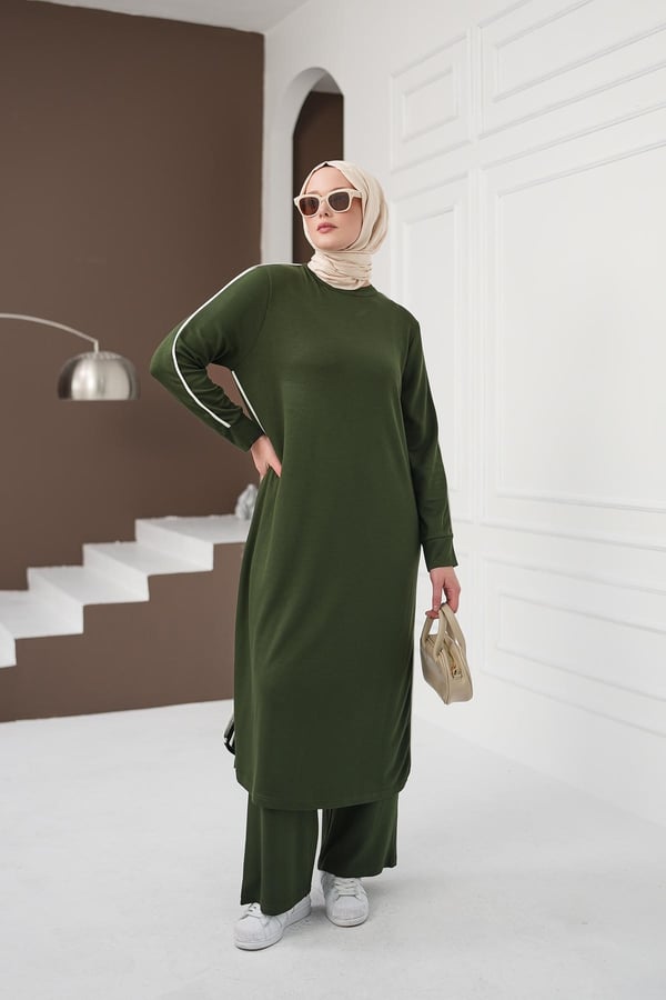 Çizgi Detaylı Uzun Pantolon Takım - Yeşil kadın giyim ürün görseli Arzestore