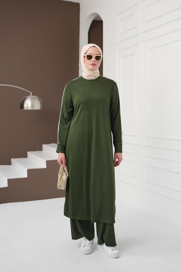 Çizgi Detaylı Uzun Pantolon Takım - Yeşil kadın giyim ürün görseli Arzestore