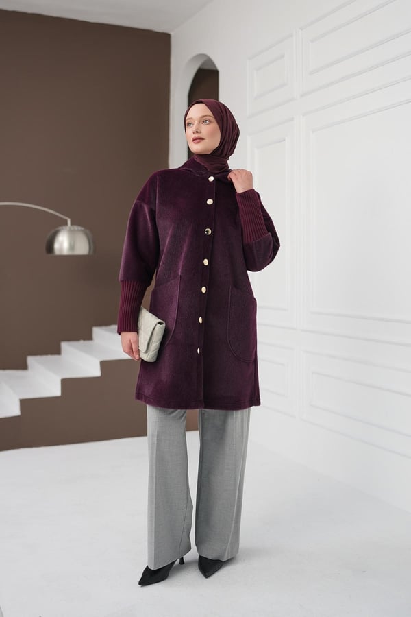 Düğmeli Cepli Fox Hırka - Mürdüm kadın giyim ürün görseli Arzestore