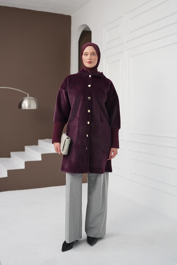 Düğmeli Cepli Fox Hırka - Mürdüm kadın giyim ürün görseli Arzestore
