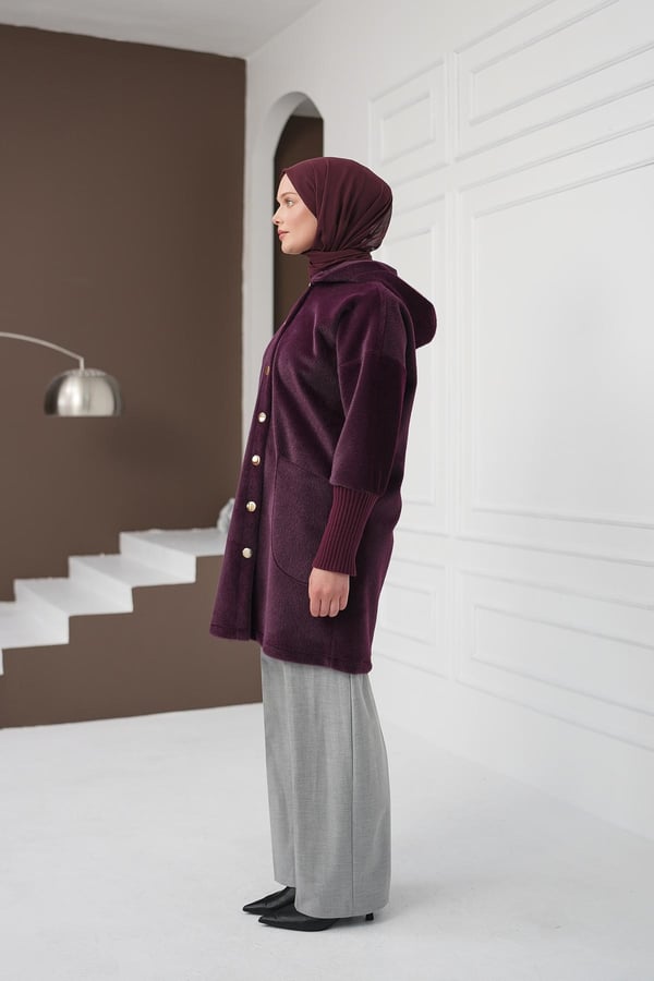 Düğmeli Cepli Fox Hırka - Mürdüm kadın giyim ürün görseli Arzestore
