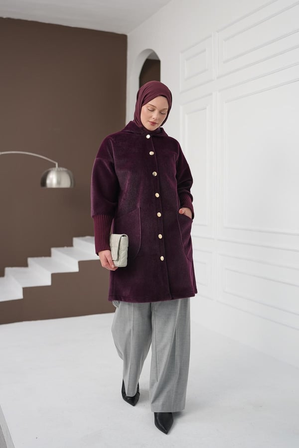 Düğmeli Cepli Fox Hırka - Mürdüm kadın giyim ürün görseli Arzestore
