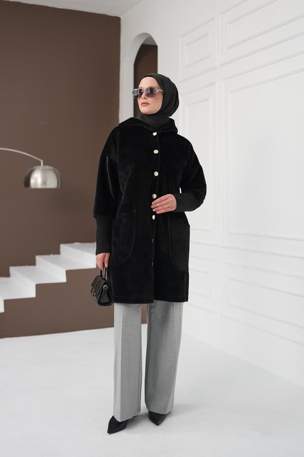 Düğmeli Cepli Fox Hırka - Siyah kadın giyim ürün görseli Arzestore