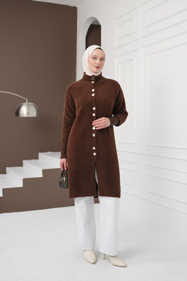 Düğmeli Yumoş Hırka - Kahverengi kadın giyim ürün görseli Arzestore