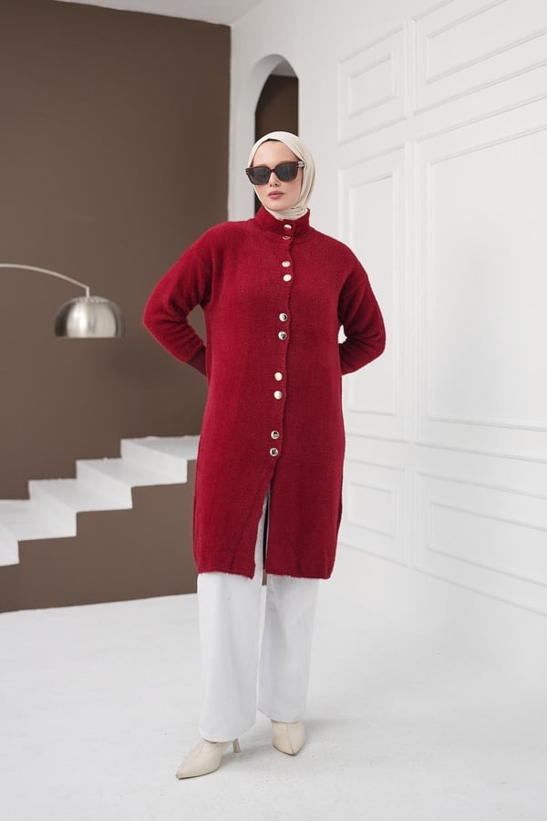 Düğmeli Yumoş Hırka - Kırmızı kadın giyim ürün görseli Arzestore