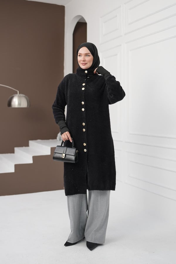 Düğmeli Yumoş Hırka - Siyah kadın giyim ürün görseli Arzestore
