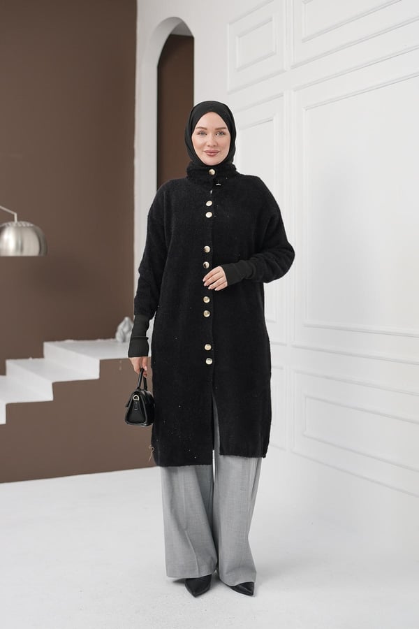 Düğmeli Yumoş Hırka - Siyah kadın giyim ürün görseli Arzestore