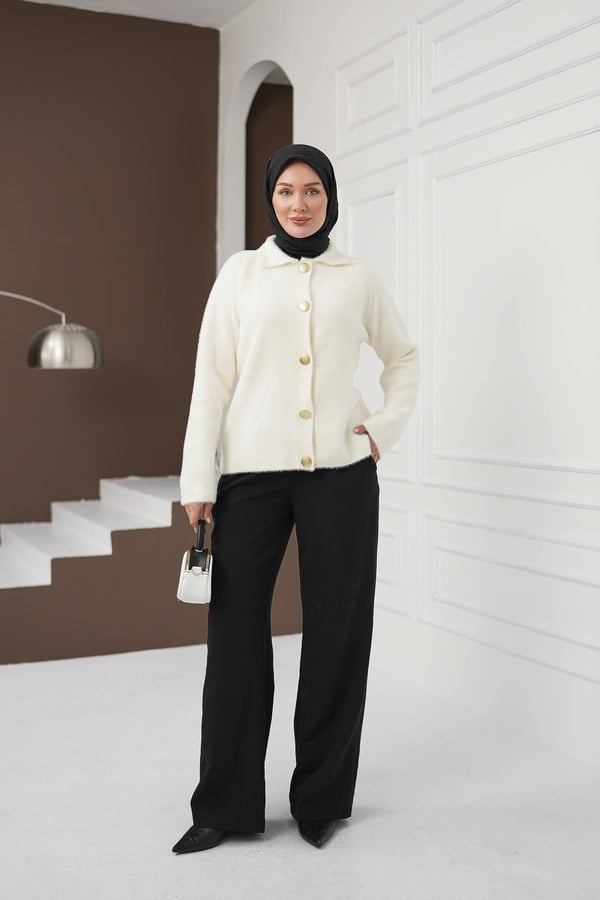 Düğmeli Yumoş Kazak - Beyaz kadın giyim ürün görseli Arzestore