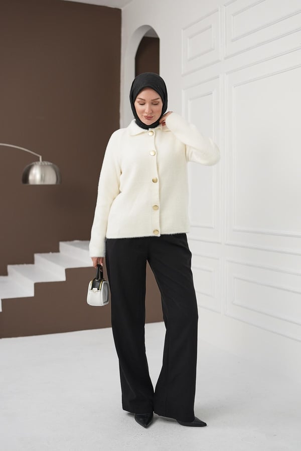 Düğmeli Yumoş Kazak - Beyaz kadın giyim ürün görseli Arzestore