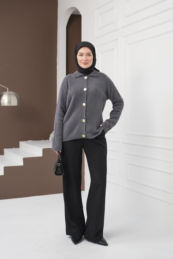 Düğmeli Yumoş Kazak - Gri kadın giyim ürün görseli Arzestore