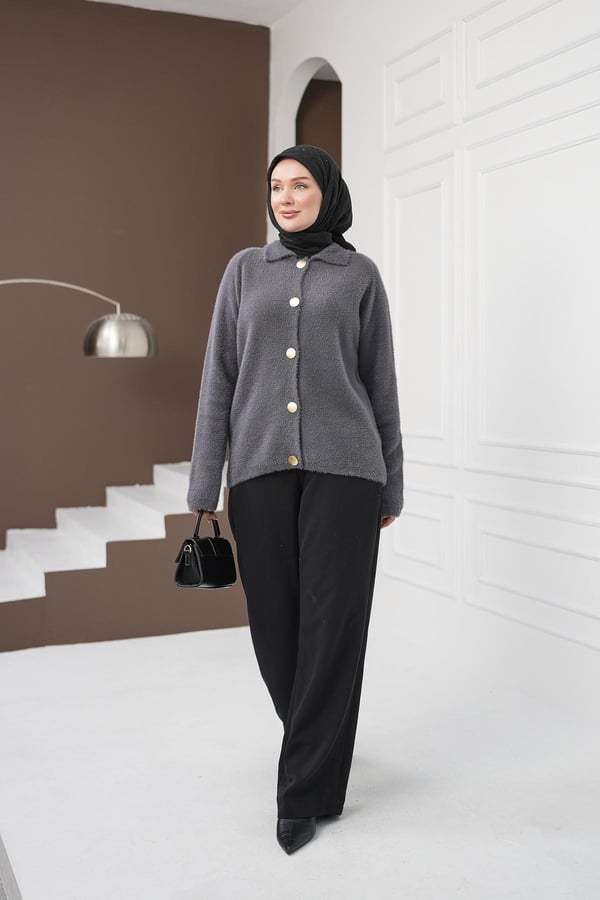 Düğmeli Yumoş Kazak - Gri kadın giyim ürün görseli Arzestore