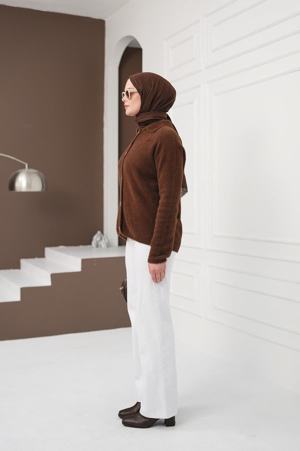 Düğmeli Yumoş Kazak - Kahverengi kadın giyim ürün görseli Arzestore