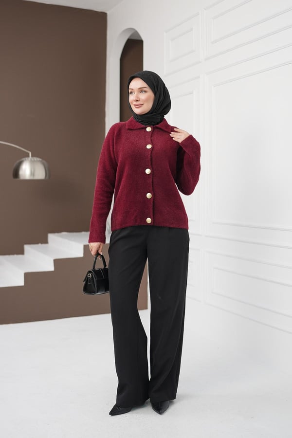 Düğmeli Yumoş Kazak - Kırmızı kadın giyim ürün görseli Arzestore