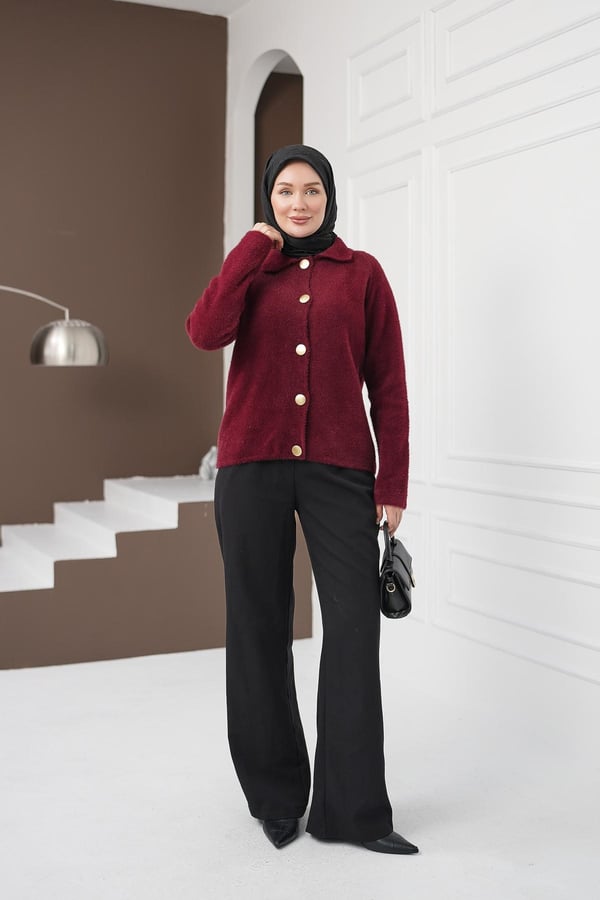 Düğmeli Yumoş Kazak - Kırmızı kadın giyim ürün görseli Arzestore