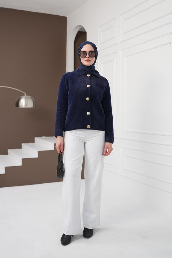 Düğmeli Yumoş Kazak - Lacivert kadın giyim ürün görseli Arzestore