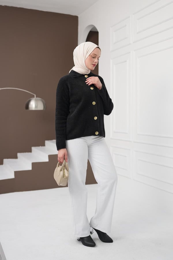 Düğmeli Yumoş Kazak - Siyah kadın giyim ürün görseli Arzestore
