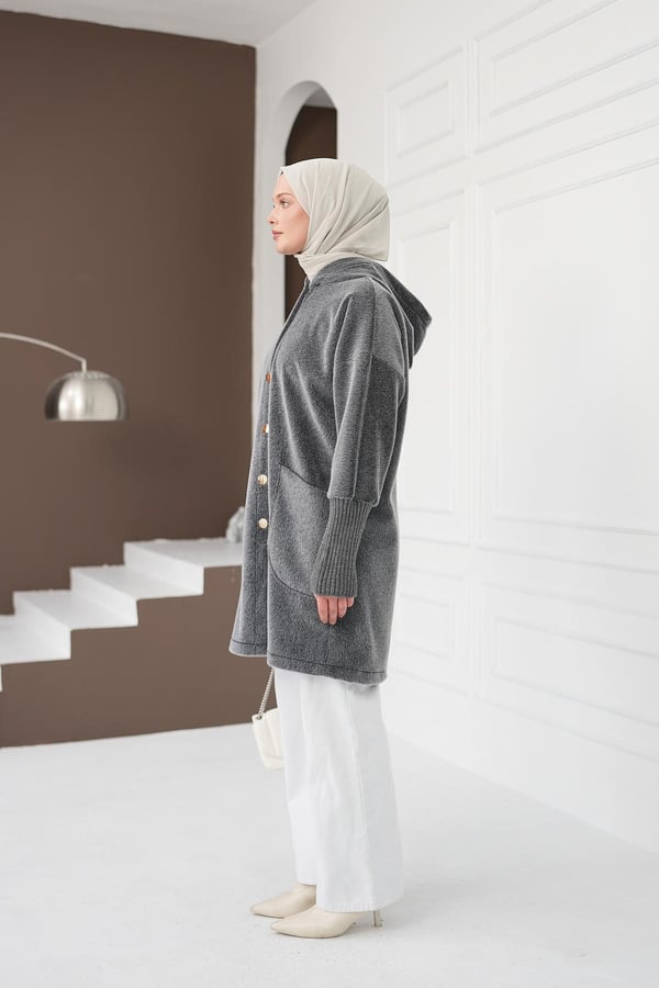 Fermuarlı Cepli Fox Hırka - Gri kadın giyim ürün görseli Arzestore