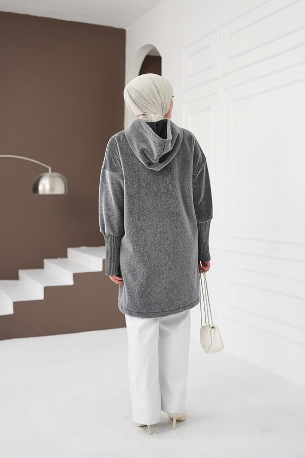 Fermuarlı Cepli Fox Hırka - Gri kadın giyim ürün görseli Arzestore