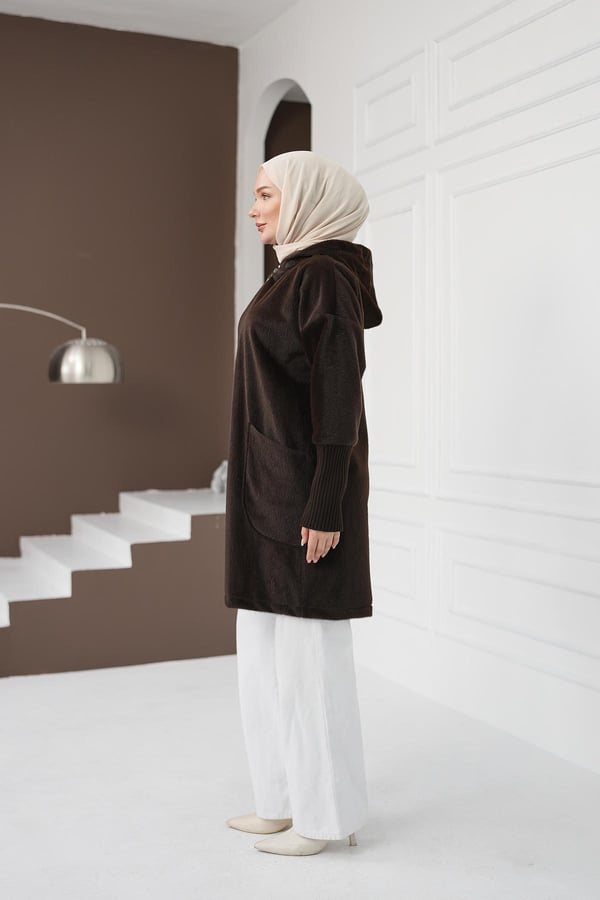 Fermuarlı Cepli Fox Hırka - Kahverengi kadın giyim ürün görseli Arzestore