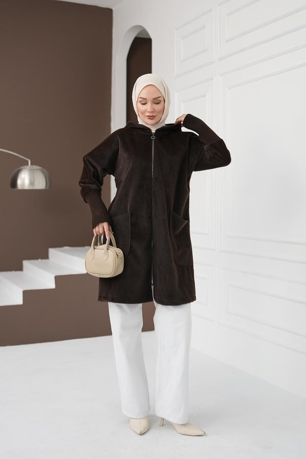 Fermuarlı Cepli Fox Hırka - Kahverengi kadın giyim ürün görseli Arzestore