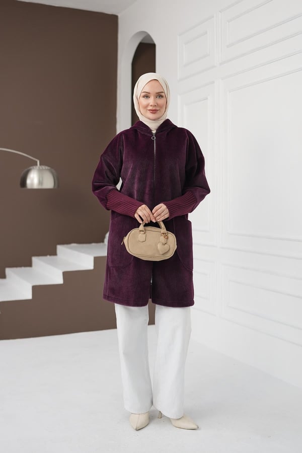 Fermuarlı Cepli Fox Hırka - Mürdüm kadın giyim ürün görseli Arzestore