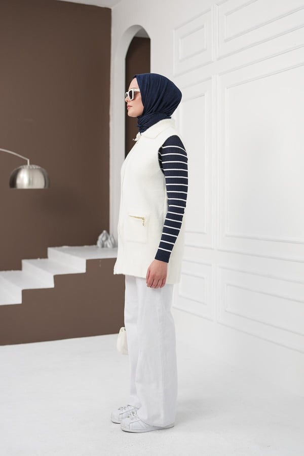 Fermuarlı Cepli Yumoş Yelek - Beyaz kadın giyim ürün görseli Arzestore